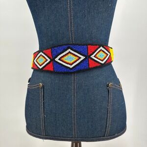 Vintage Beaded Boho Festival Waist Belt Multicolor Geometric Hippie Hook Closure